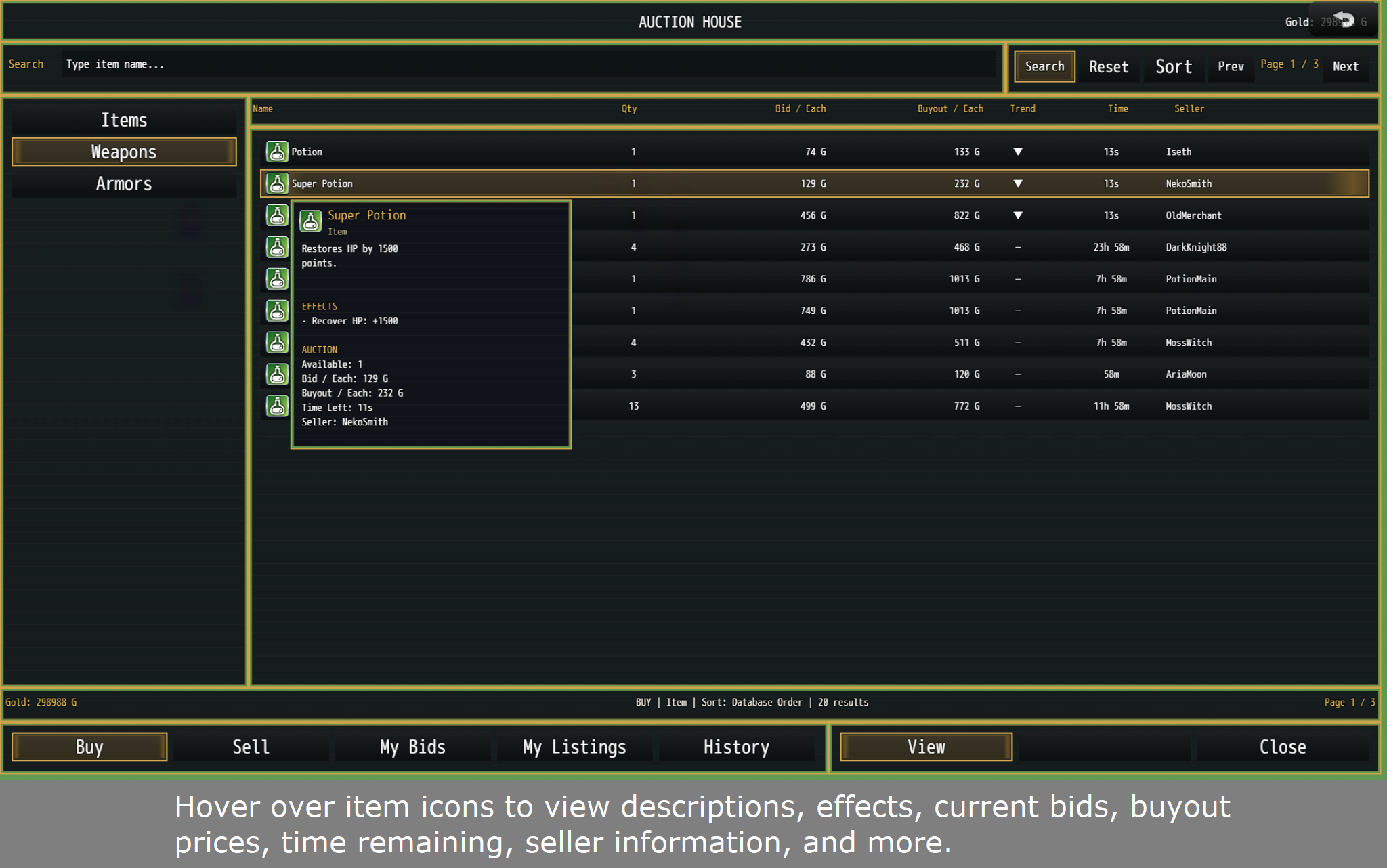 CT Auction House System dynamic RPG Maker MZ marketplace showing changing auction activity and prices over time.