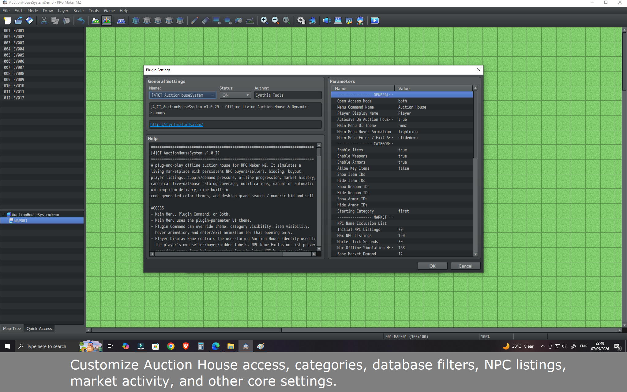 CT Auction House System interface for tracking auction bids, sales, wins, and listing status in RPG Maker MZ.