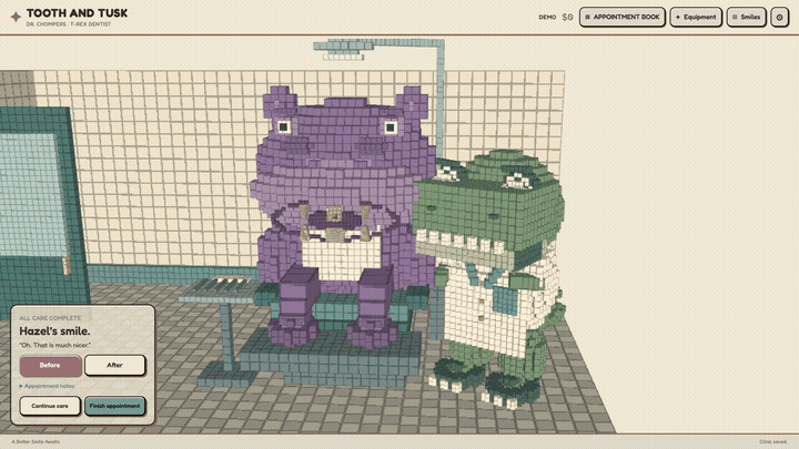 Hazel the hippo in the chair with Dr. Chompers, switching between her Before and After smile