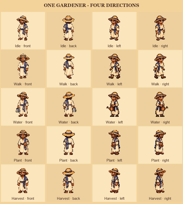 All twenty gardener animation clips in four directions