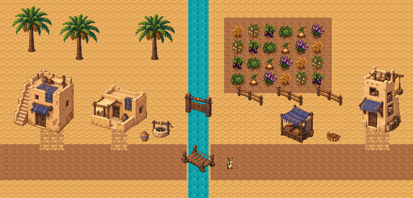 Assembled Oasis Orchard village with animated water, palms, crops and walking gardener