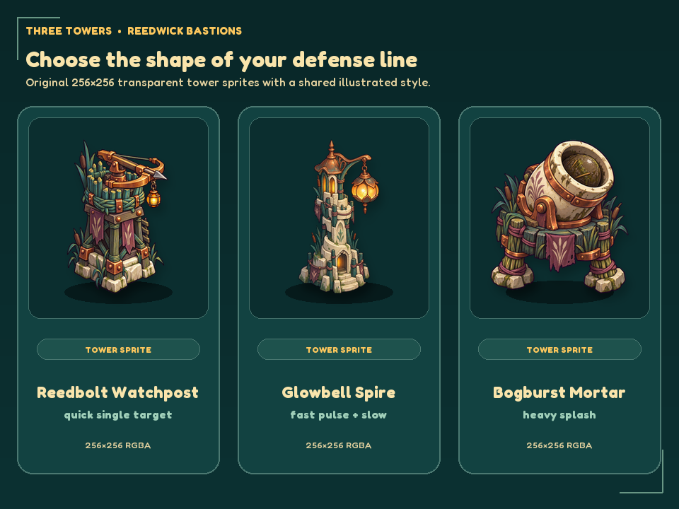 Reedbolt Watchpost, Glowbell Spire and Bogburst Mortar tower artwork
