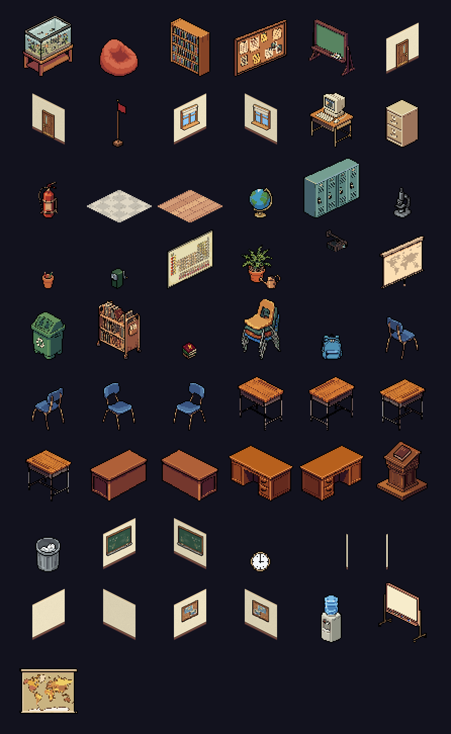 Isomatic Rrom Isometric School Bundle: 117 Sprites (68 Objects + Room Sets) by ThirdAngle