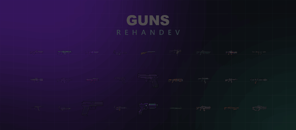 Sprites from the asset packs — guns, spaceships, furniture, badges, food, icons, trees, vehicles, clan logos and magic icons