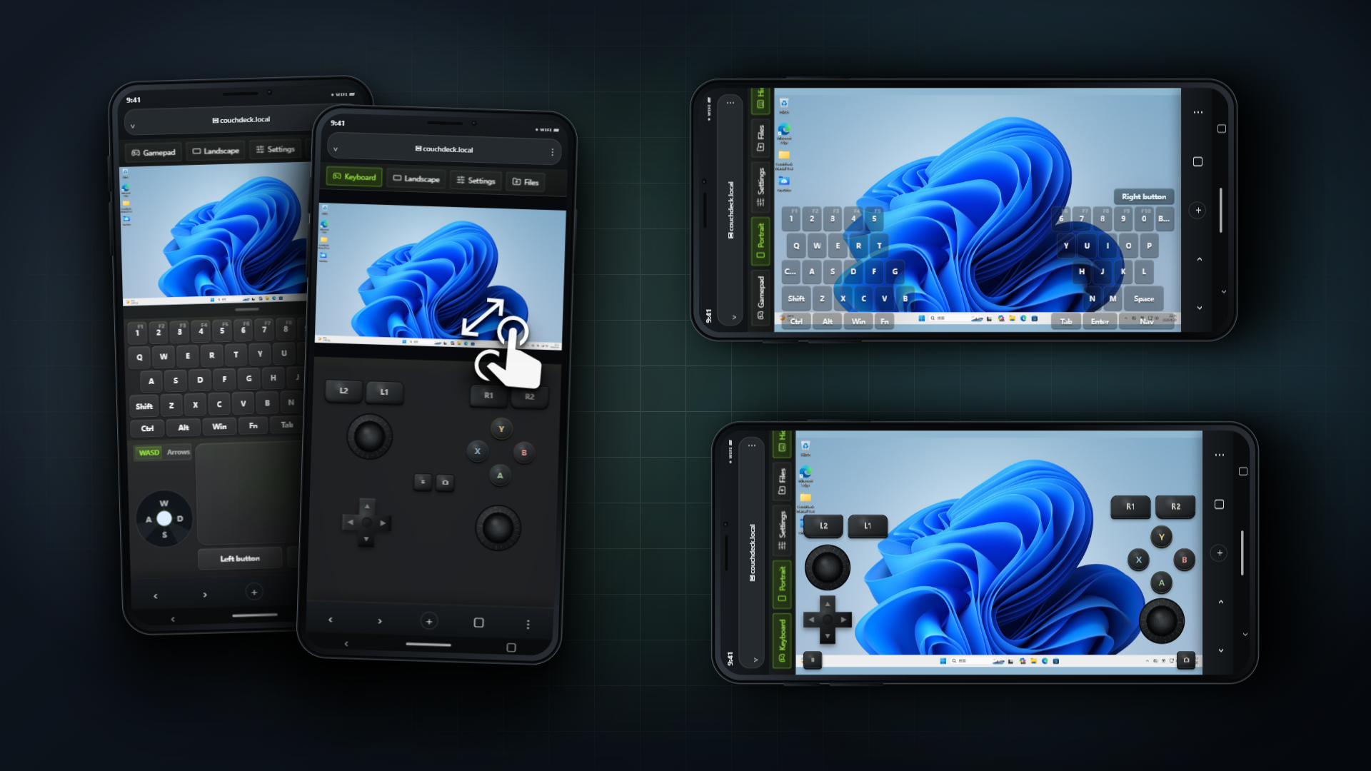 Phone keyboard, touchpad, and virtual gamepad in portrait and landscape
