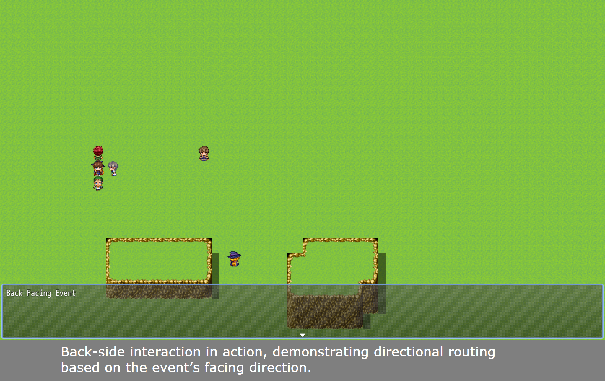 RPG Maker MZ playtest demonstrating right-side directional event interaction with CT Event Side Interaction.
