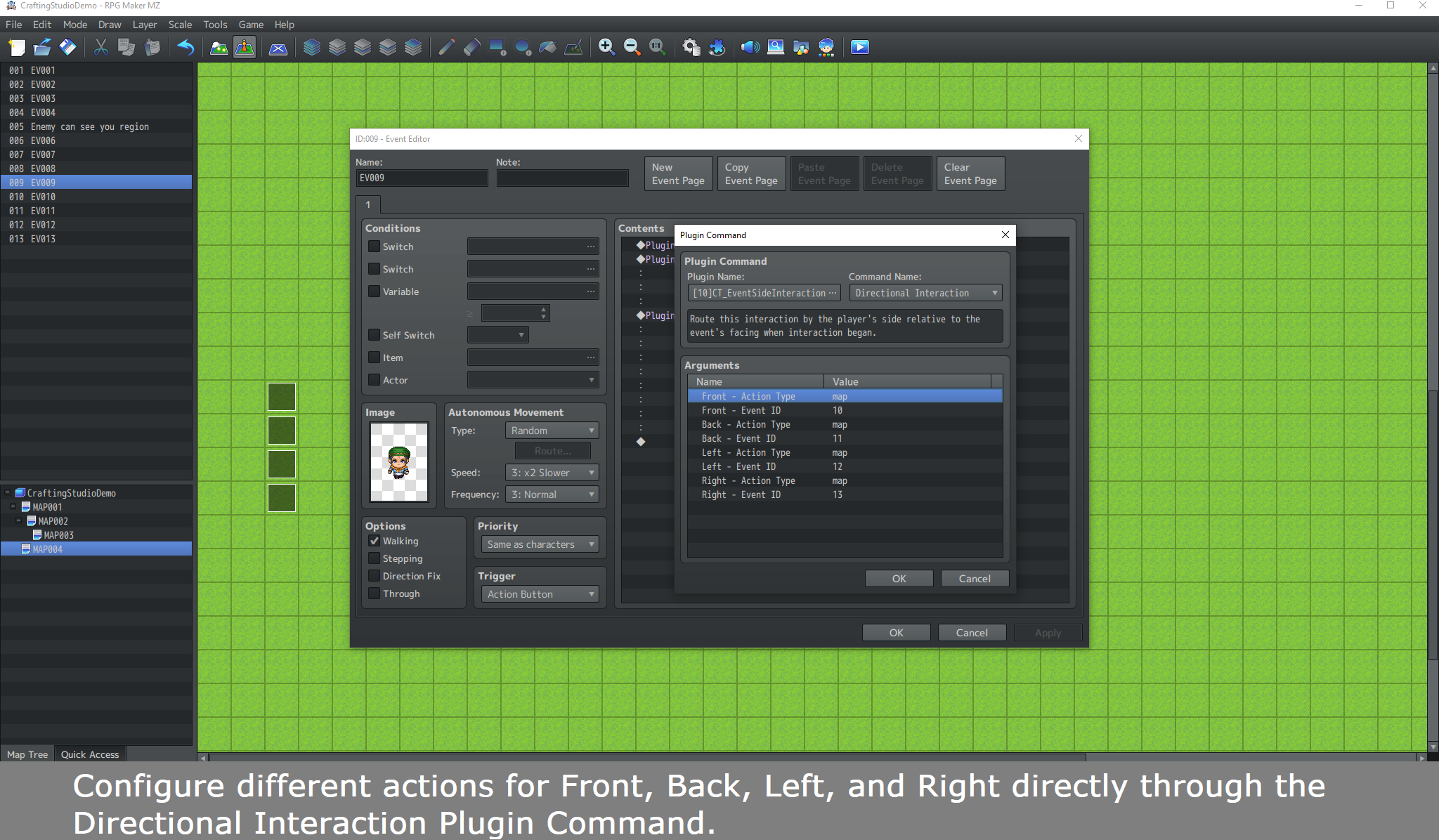 RPG Maker MZ Plugin Command window for CT Event Side Interaction showing Front, Back, Left and Right actions mapped to Map Event IDs.