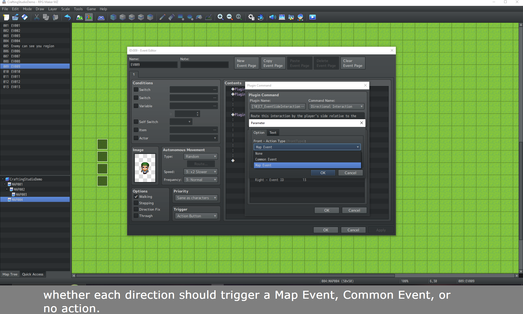 RPG Maker MZ parameter window showing the Event Side Interaction Action Type options None, Common Event and Map Event.
