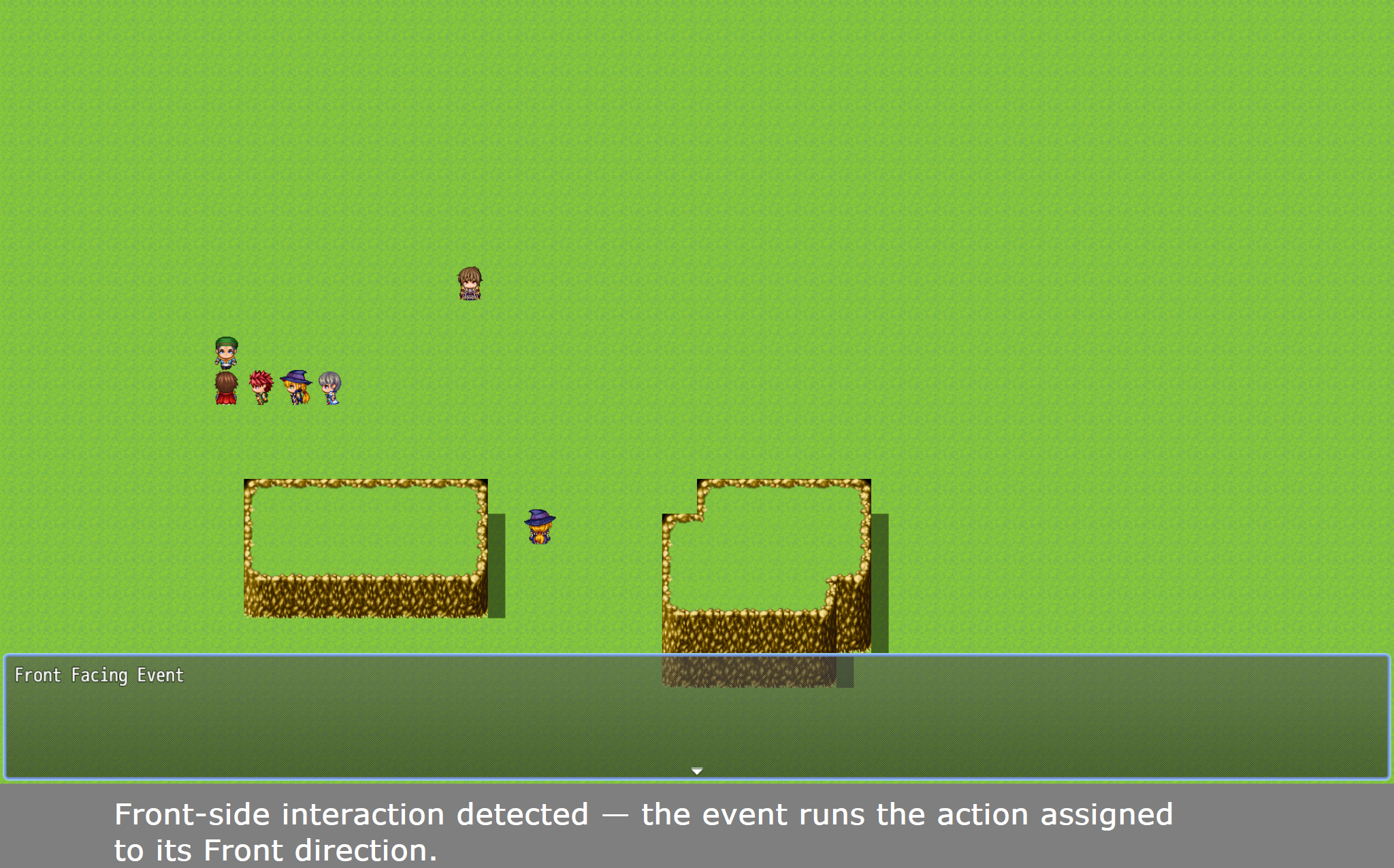 RPG Maker MZ playtest showing a Front Facing Event result after the player interacts with an event from its front side.