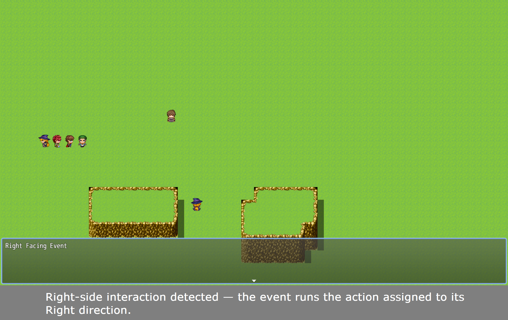 RPG Maker MZ playtest showing a Right Facing Event result after the player interacts from the event's right side.