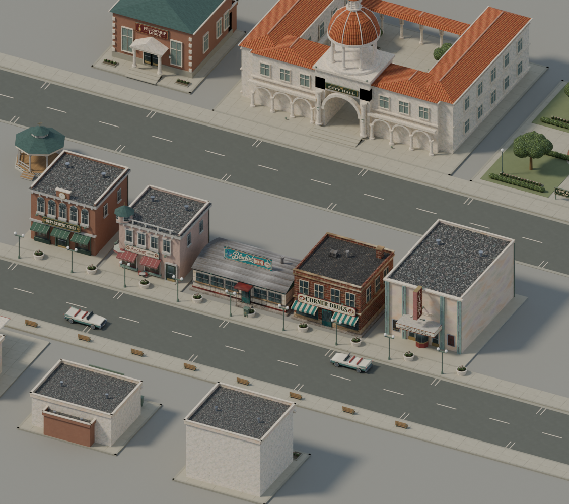 Actual town assets in daylight with distinct storefront signs