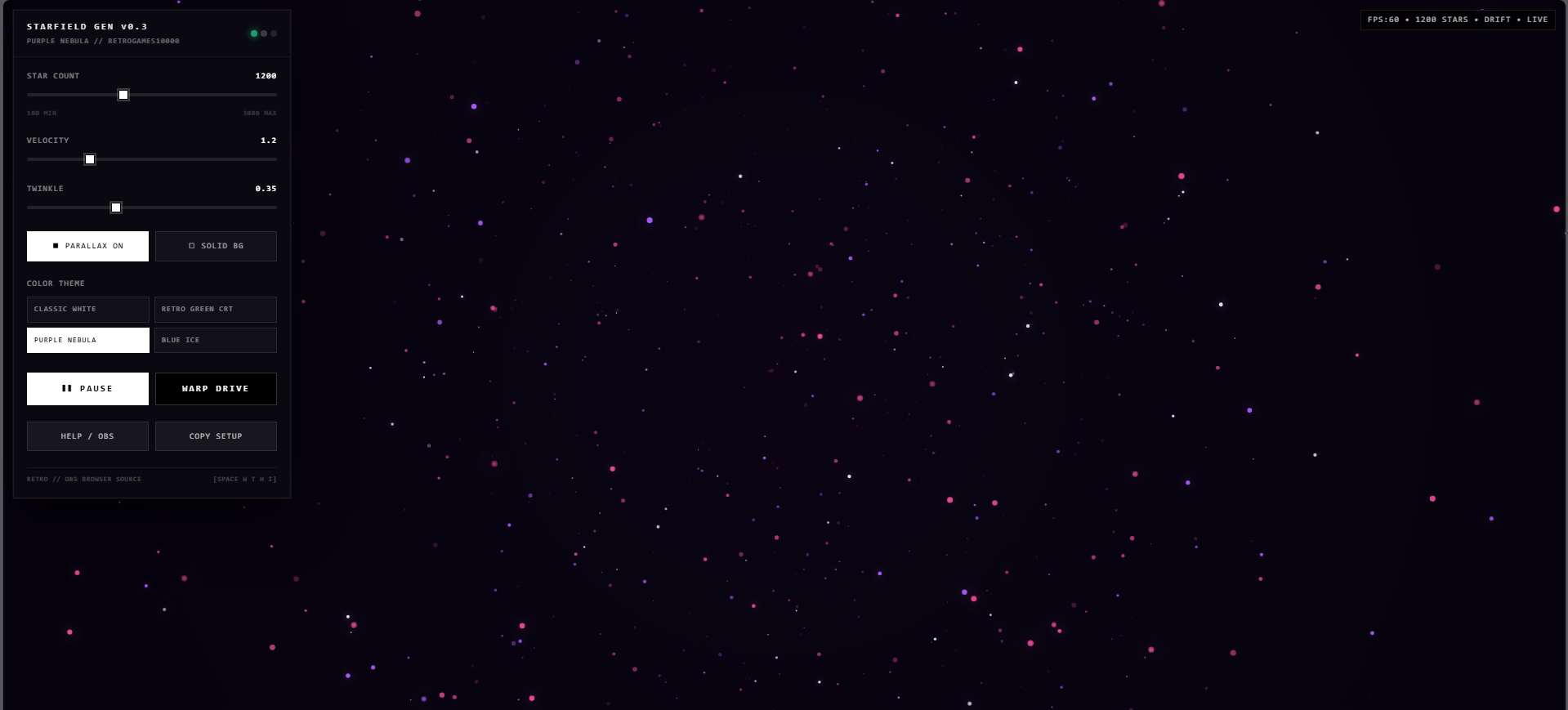 Screenshot 2 for Procedural Starfield in HTML5 for OBS Streaming