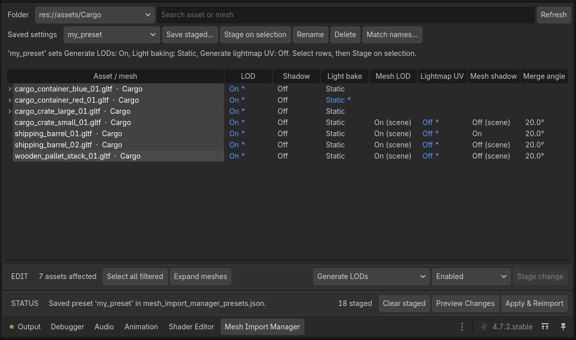Mesh Import Manager with a saved preset and staged settings