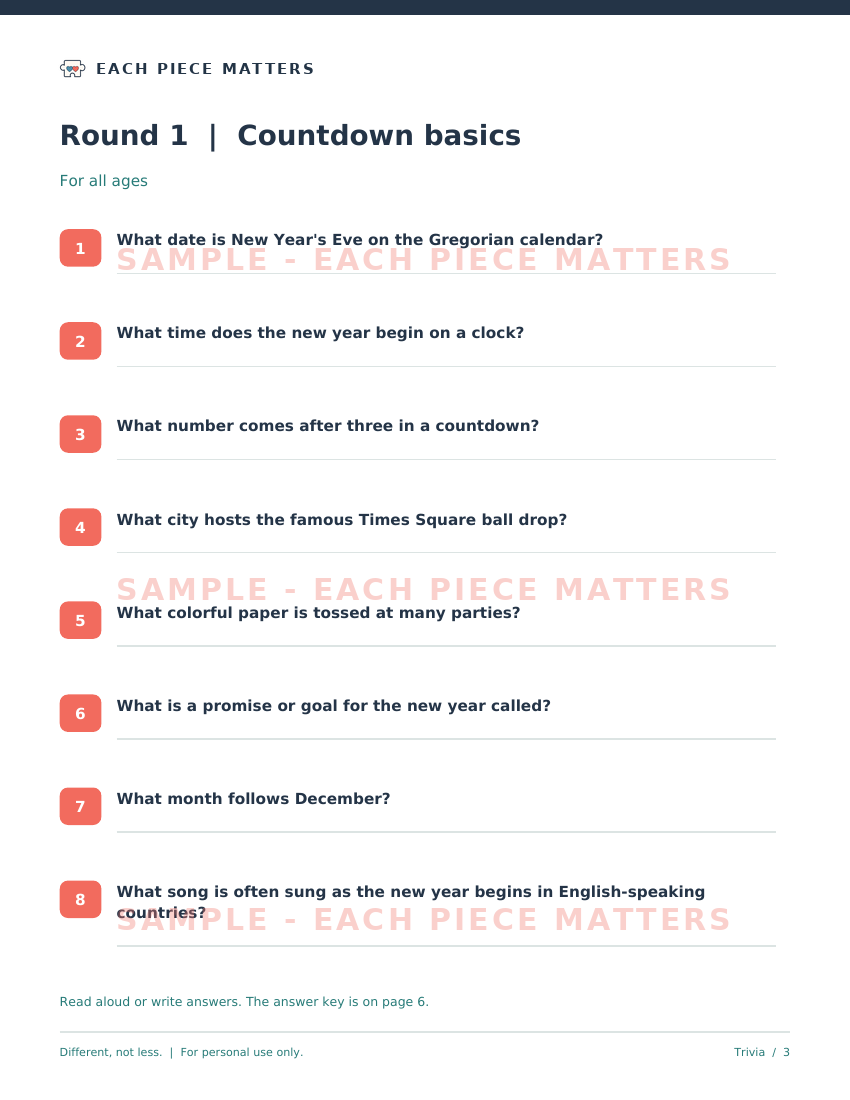 Screenshot 2 for New Year's Eve Family Party Games | Trivia, Countdown Bingo, Predictions | US Letter PDF