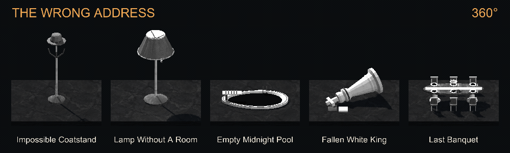 The Wrong Address complete collection row: Impossible Coatstand, Lamp Without A Room, Empty Midnight Pool, Fallen White King, Last Banquet