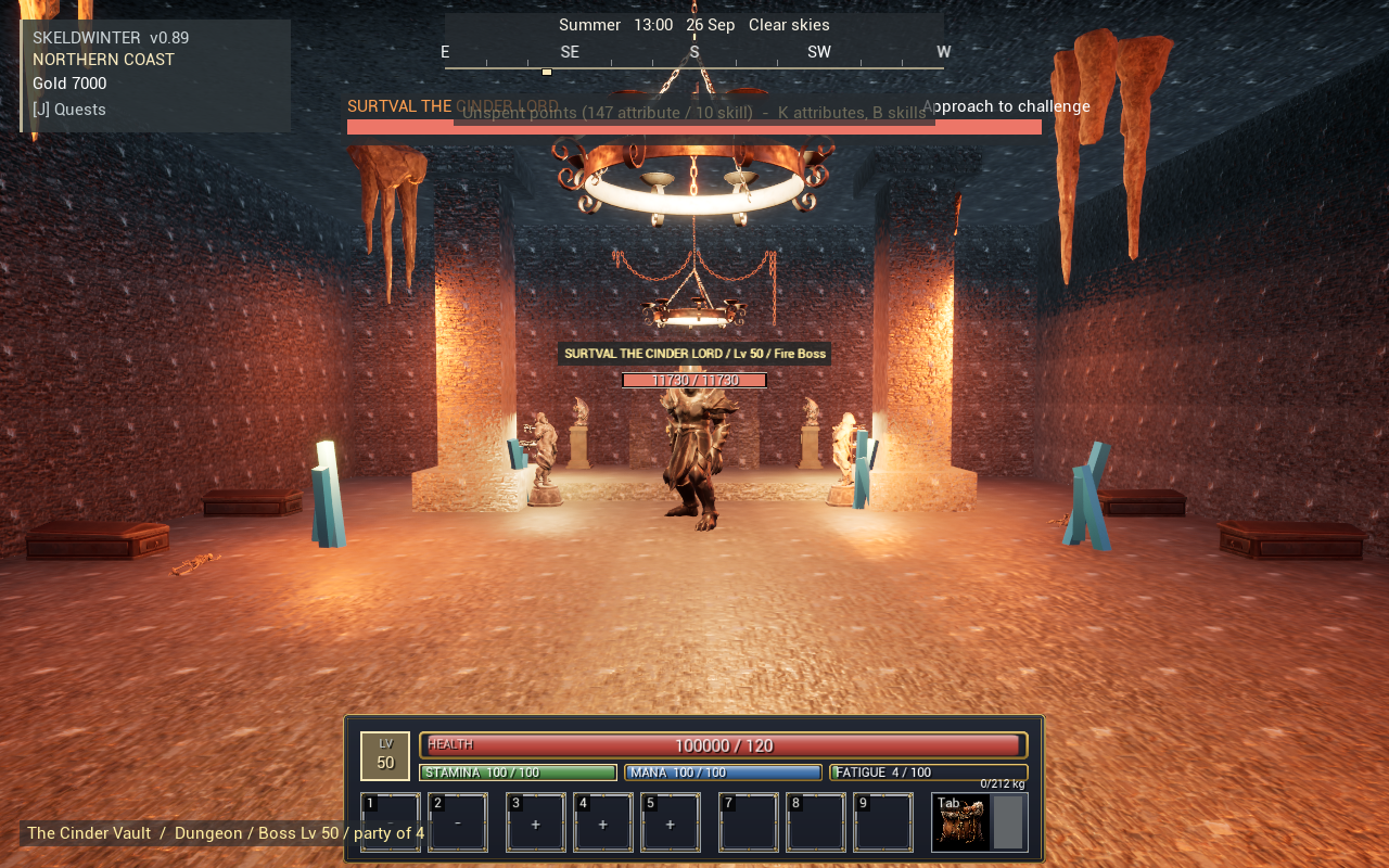 Surtval the Cinder Lord in his fire-lit arena.