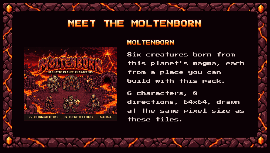 Meet the Moltenborn: six creatures born from this planet's magma, 6 characters, 8 directions, 64x64, drawn at the same pixel size as these tiles.