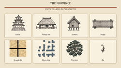Castle, village hut, granary, bridge, ground tile, river atlas, pine foliage and koi included in the collection