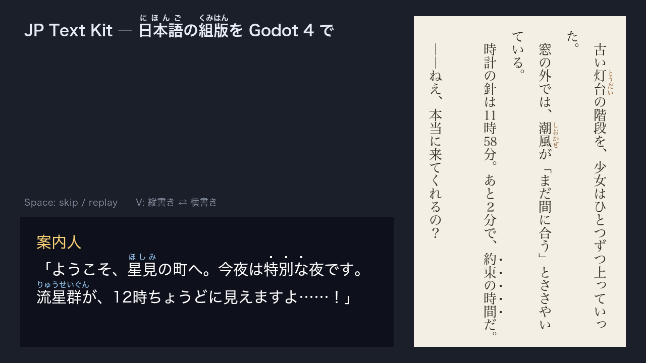 Screenshot 2 for JP Text Kit — Ruby, Vertical Text & Kinsoku for Godot 4