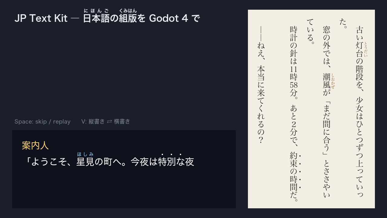 Screenshot 3 for JP Text Kit — Ruby, Vertical Text & Kinsoku for Godot 4