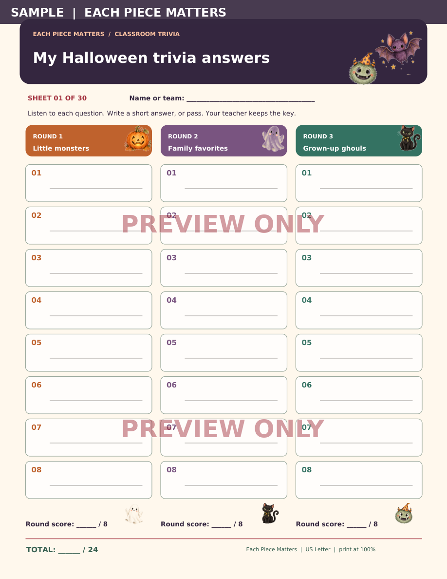 Screenshot 2 for Halloween Classroom Trivia | 24 Questions + 30 Numbered Answer Sheets + Teacher Key