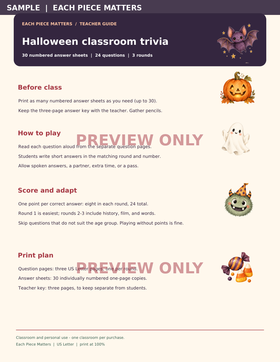 Screenshot 4 for Halloween Classroom Trivia | 24 Questions + 30 Numbered Answer Sheets + Teacher Key