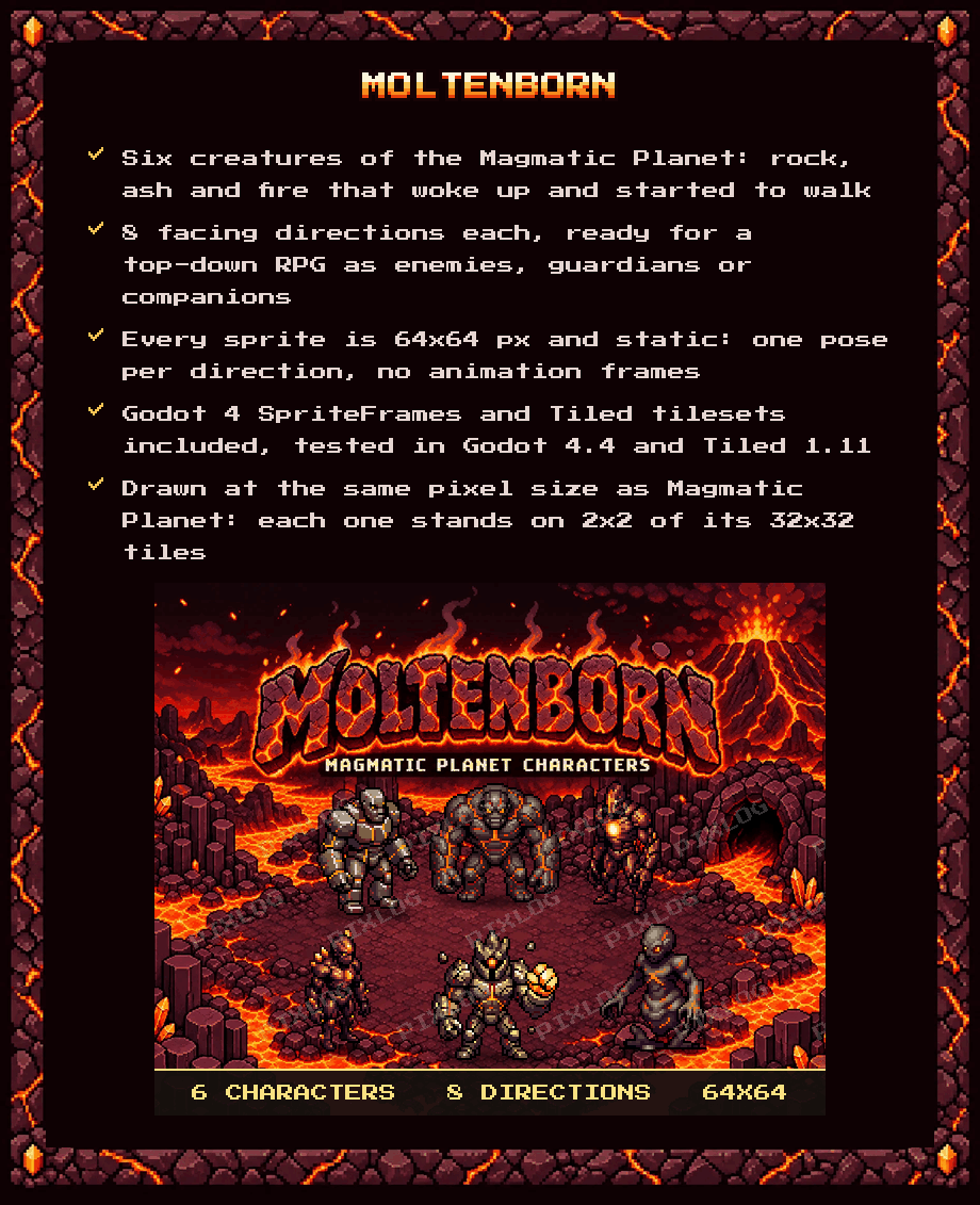 Moltenborn: six creatures of the Magmatic Planet, 8 facing directions each, 64x64 px static sprites drawn at the same pixel size as Magmatic Planet (2x2 of its 32x32 tiles).