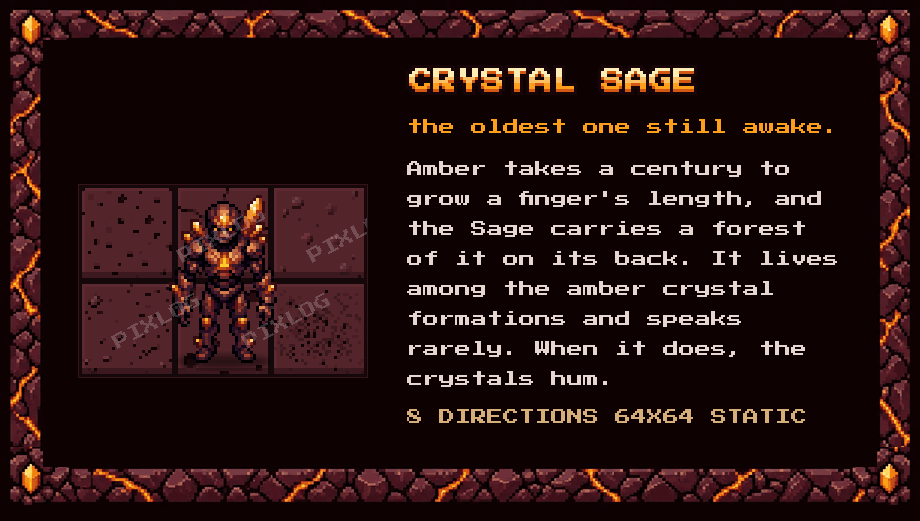 Crystal Sage, the oldest one still awake. It lives among the amber crystal formations. 8 directions, 64x64, static.