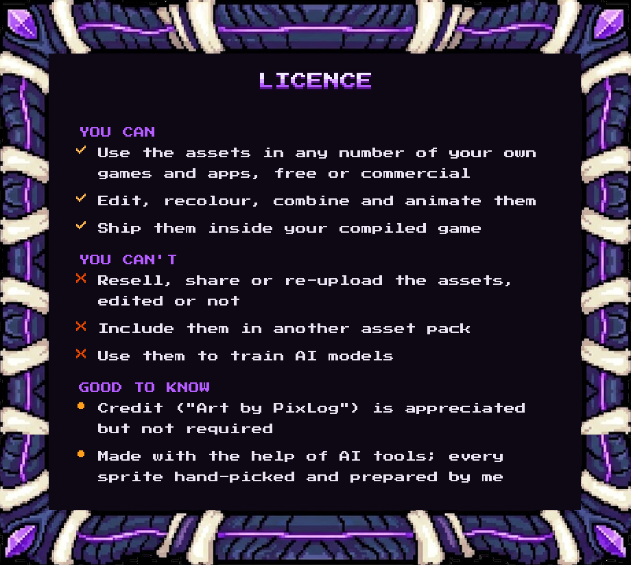 Licence: use in any number of your own games, free or commercial; do not resell, share or use to train AI. Credit appreciated, not required. Made with the help of AI tools.