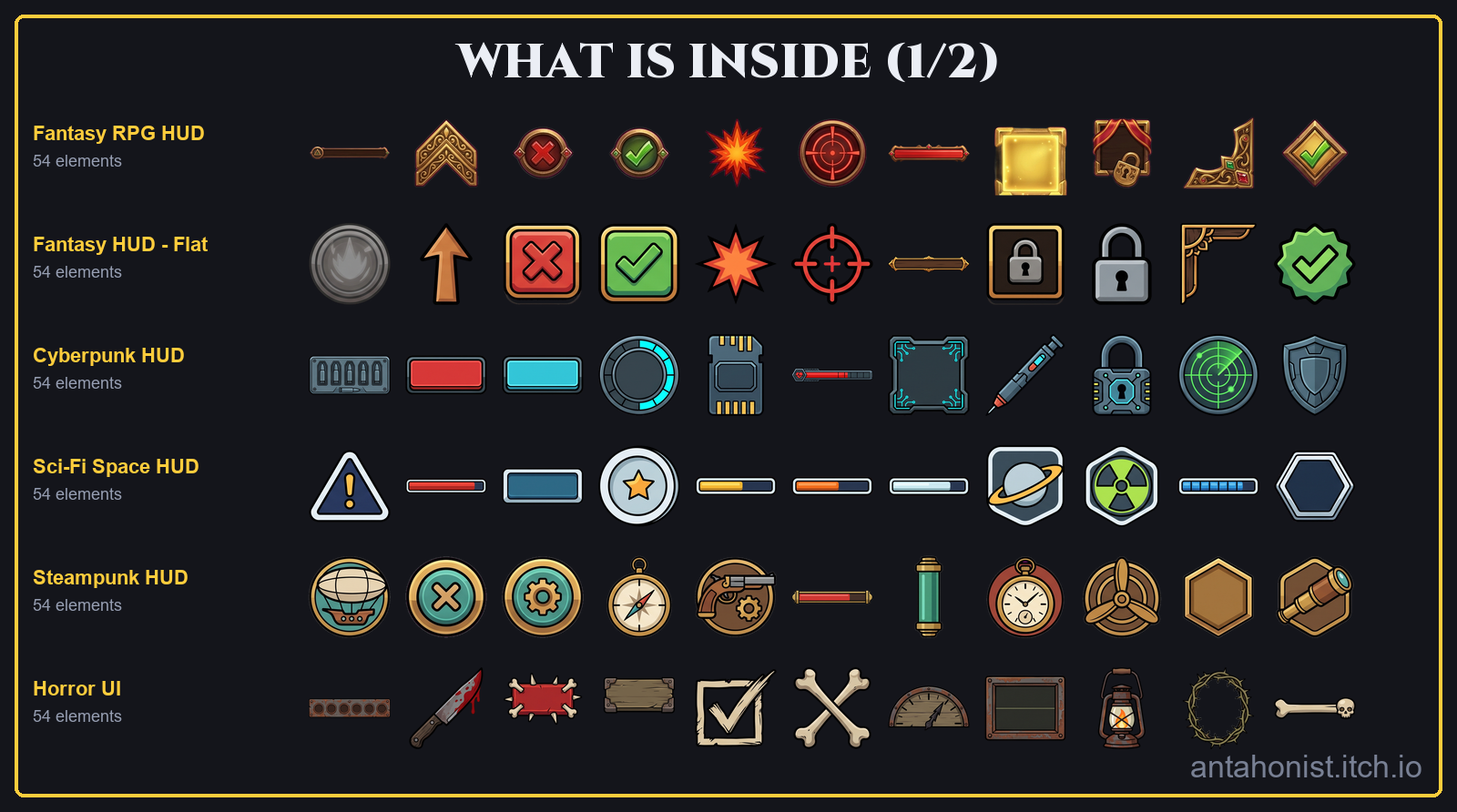 600+ Game UI Elements - Mega Pack: 12 HUD Kits by Antahonist