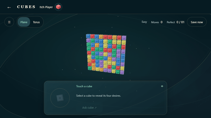Real CUBES gameplay: an unchanged 9×9 board moves from a plane to a torus and back