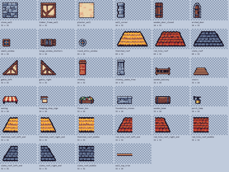 Modular Medieval House Kit: 34 Pixel-Art Building Parts (16px Grid) by ...