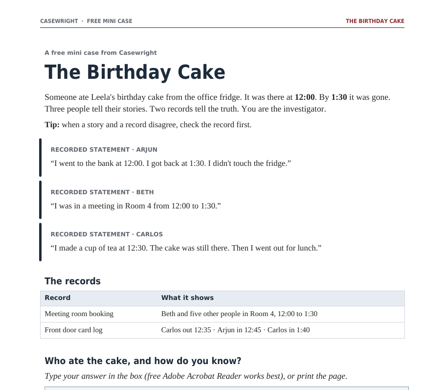 Forensic Evidence Forms.pdf The Birthday Cake: a free Casewright mini mystery by bik&jhil