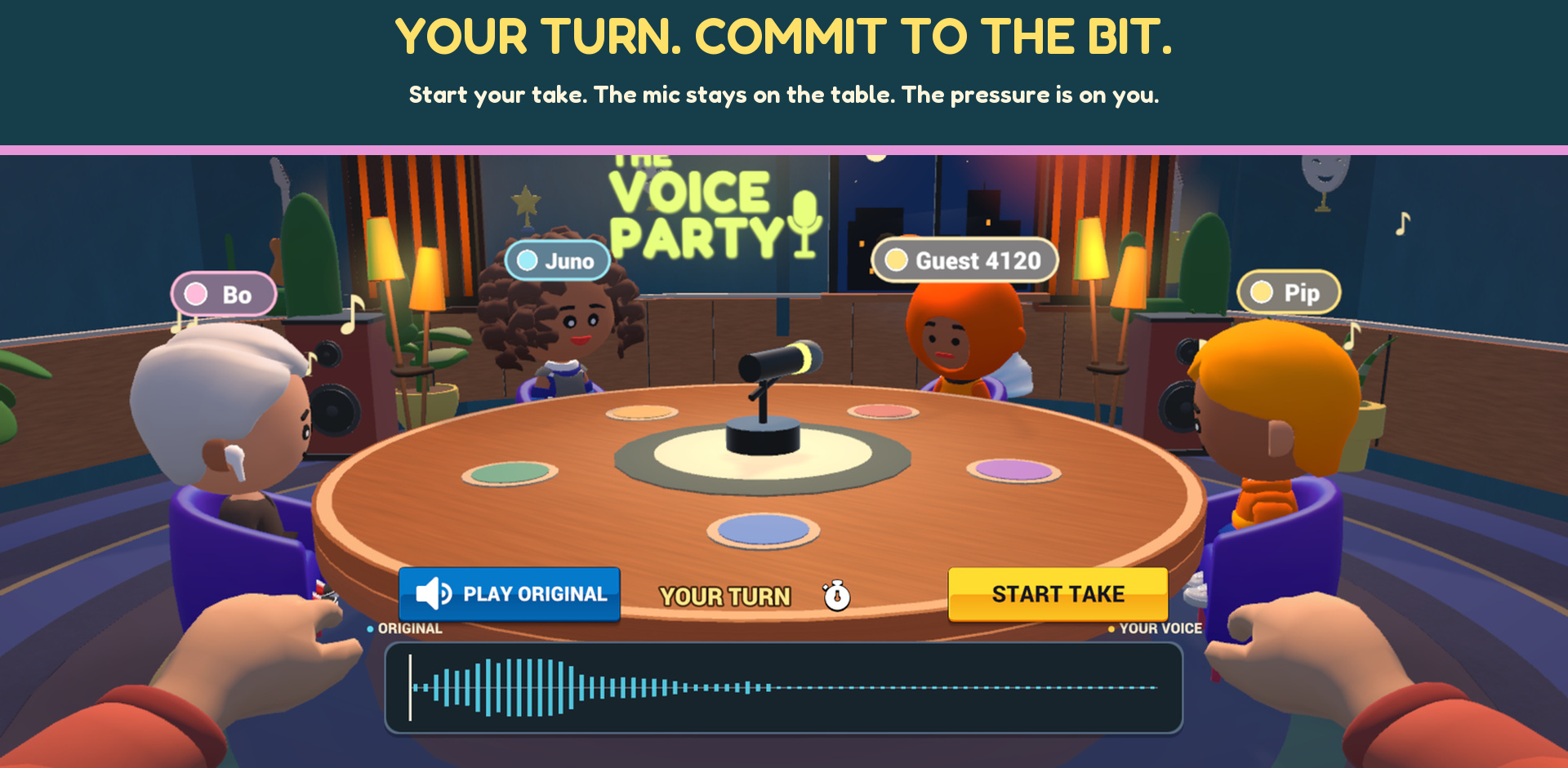 First-person view of the round table in The Voice Party: four cartoon characters, a microphone and a Start Take button