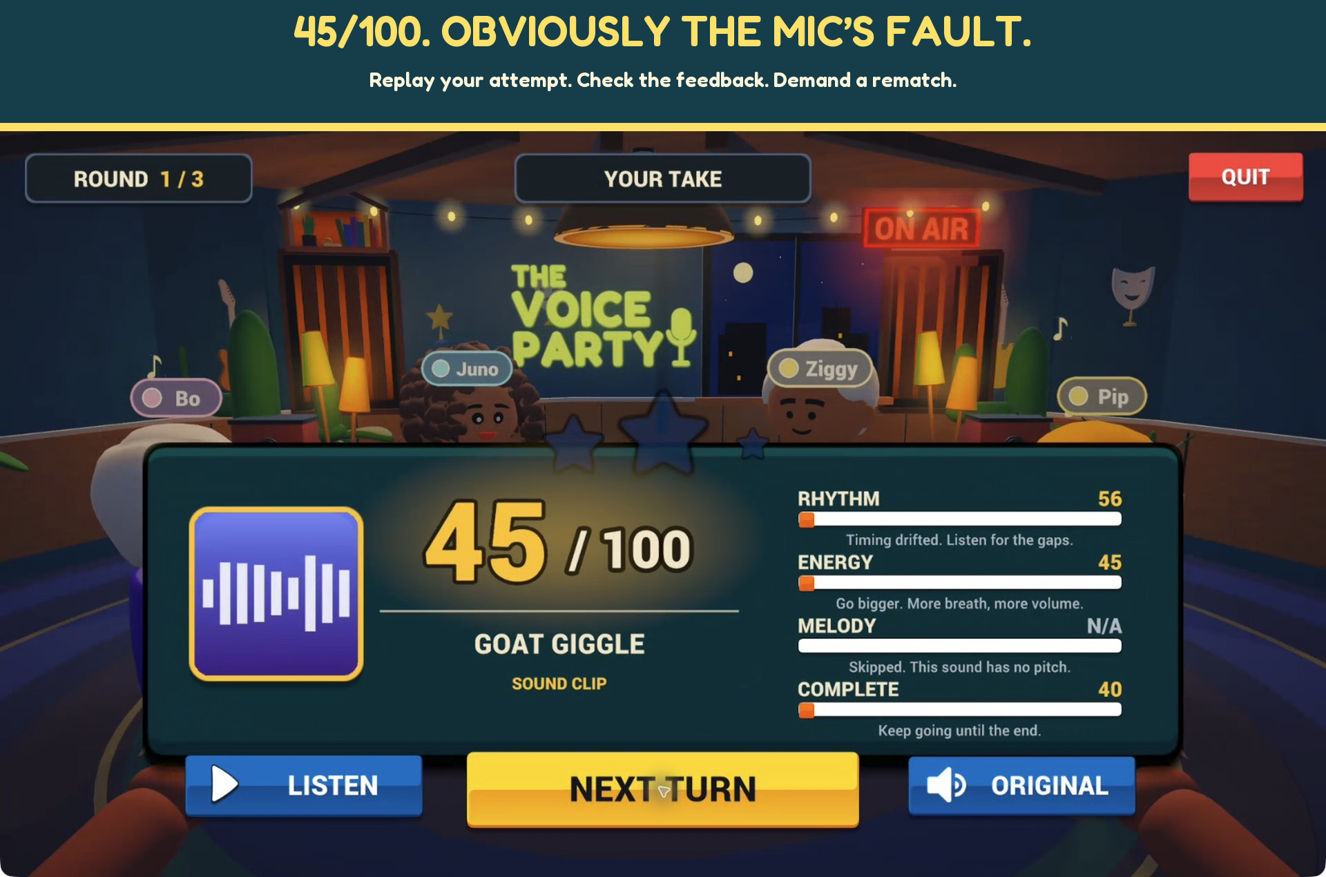 Score screen from The Voice Party: 45 out of 100 for a sound clip, with rhythm, energy, melody and completeness bars