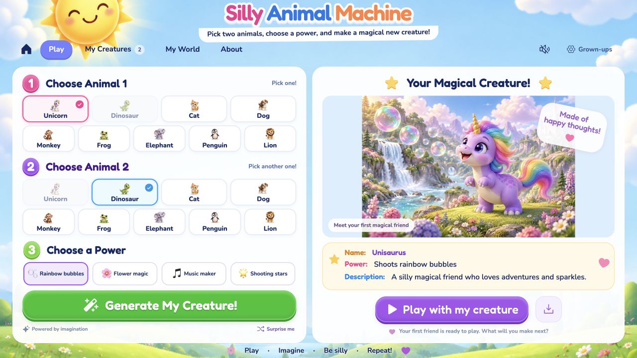 Silly Animal Machine creature maker showing animal choices and a magical Unisaurus