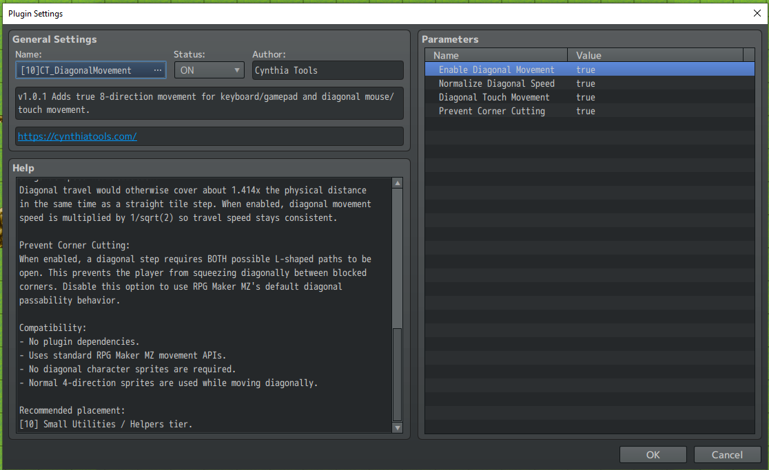 CT Diagonal Movement RPG Maker MZ setup with optional diagonal speed normalization and corner-cut prevention.