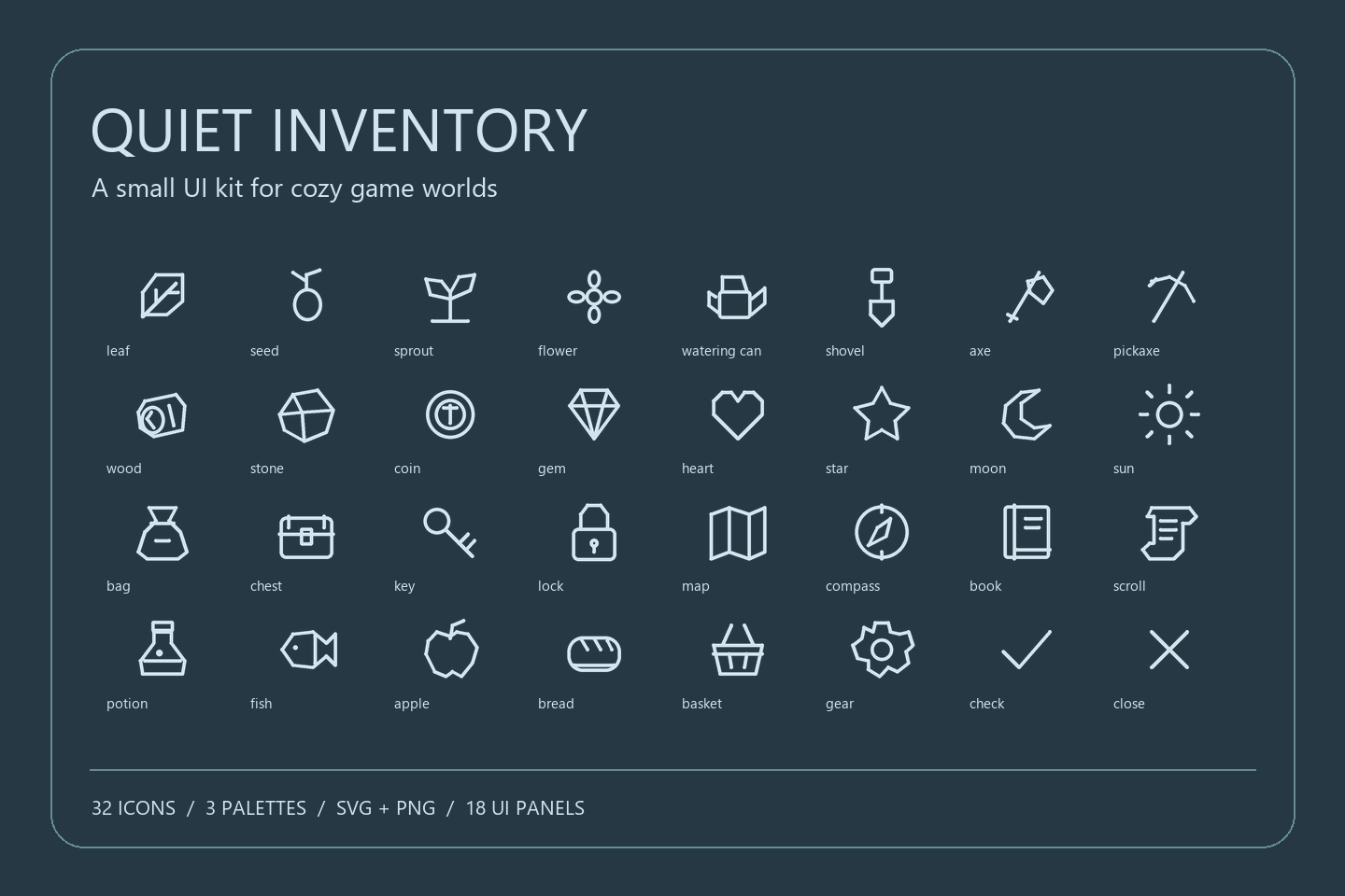 Quiet Inventory: all 32 outline icon designs in the Night palette