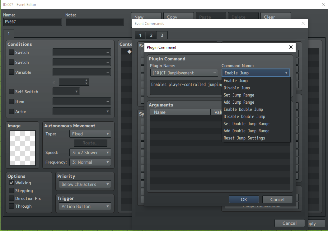 RPG Maker MZ Plugin Manager showing CT Jump Movement settings for jump distance, double jump, diagonal jumping, follower behavior, and visual effects.