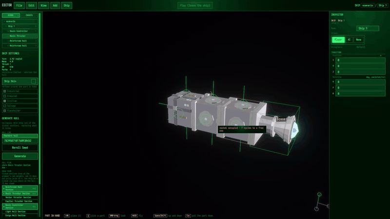 Building and rotating a modular spacecraft in the ship editor