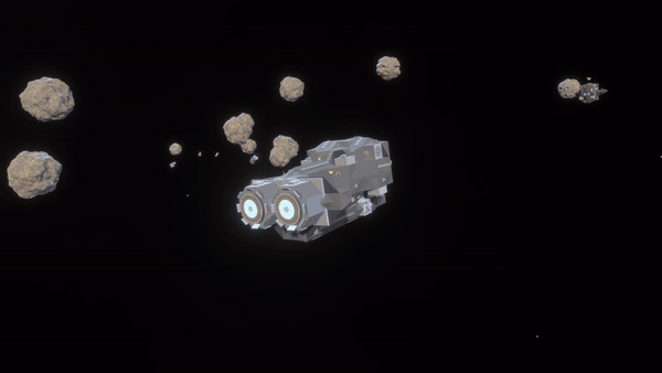 Two modular spacecraft exchanging fire among asteroids