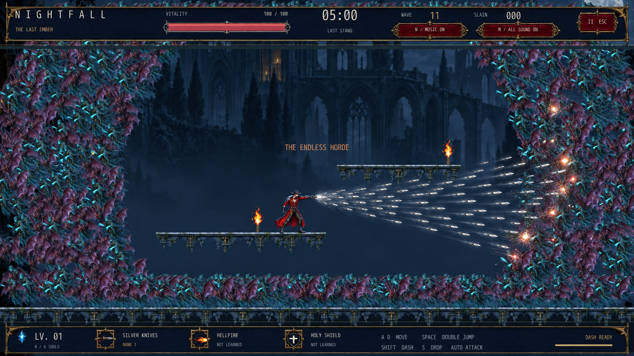 Promotional artwork: the hunter stands on a stone platform, firing a barrage into the endless horde
