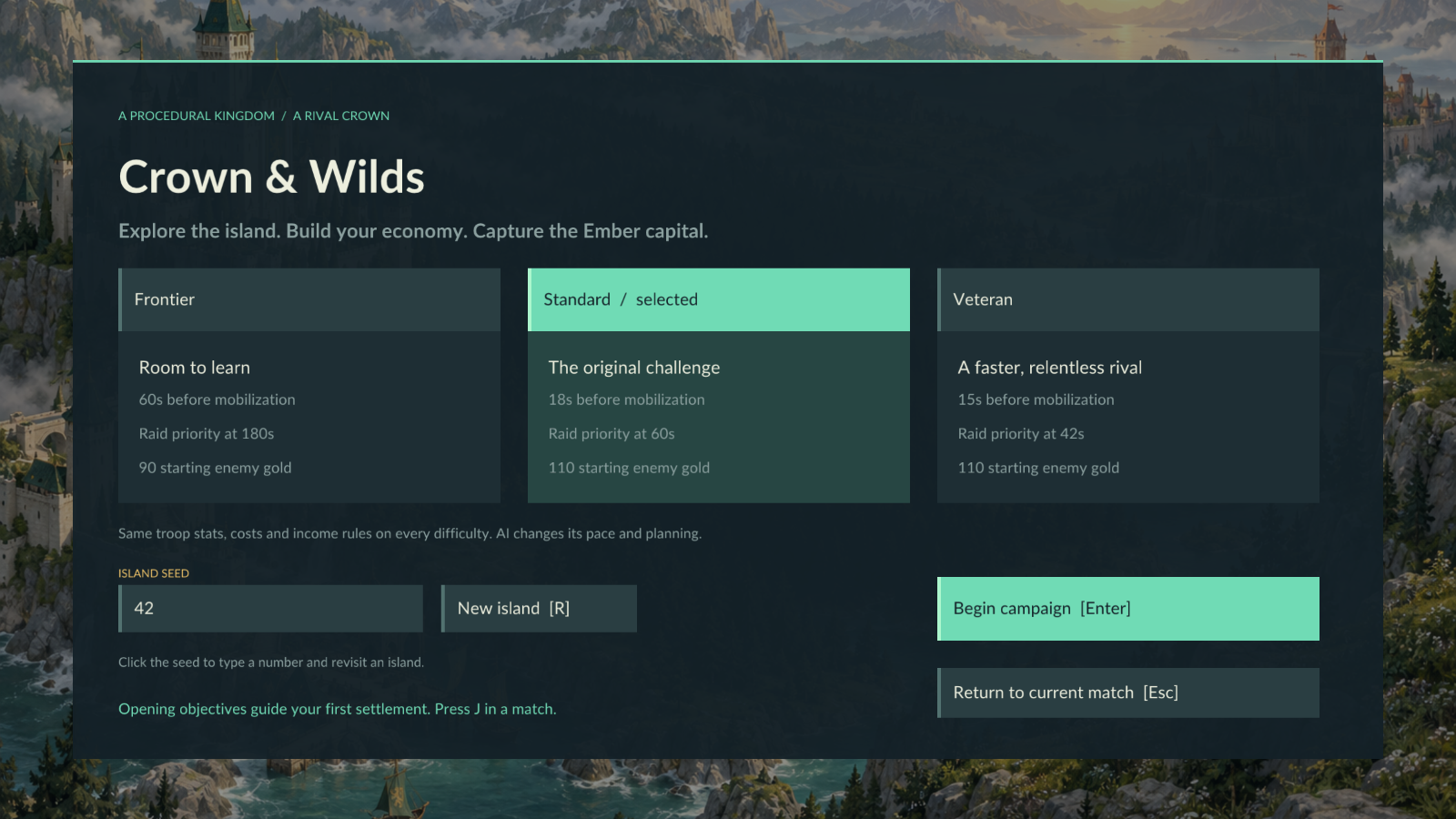 Match setup with Frontier, Standard and Veteran difficulties and an island seed
