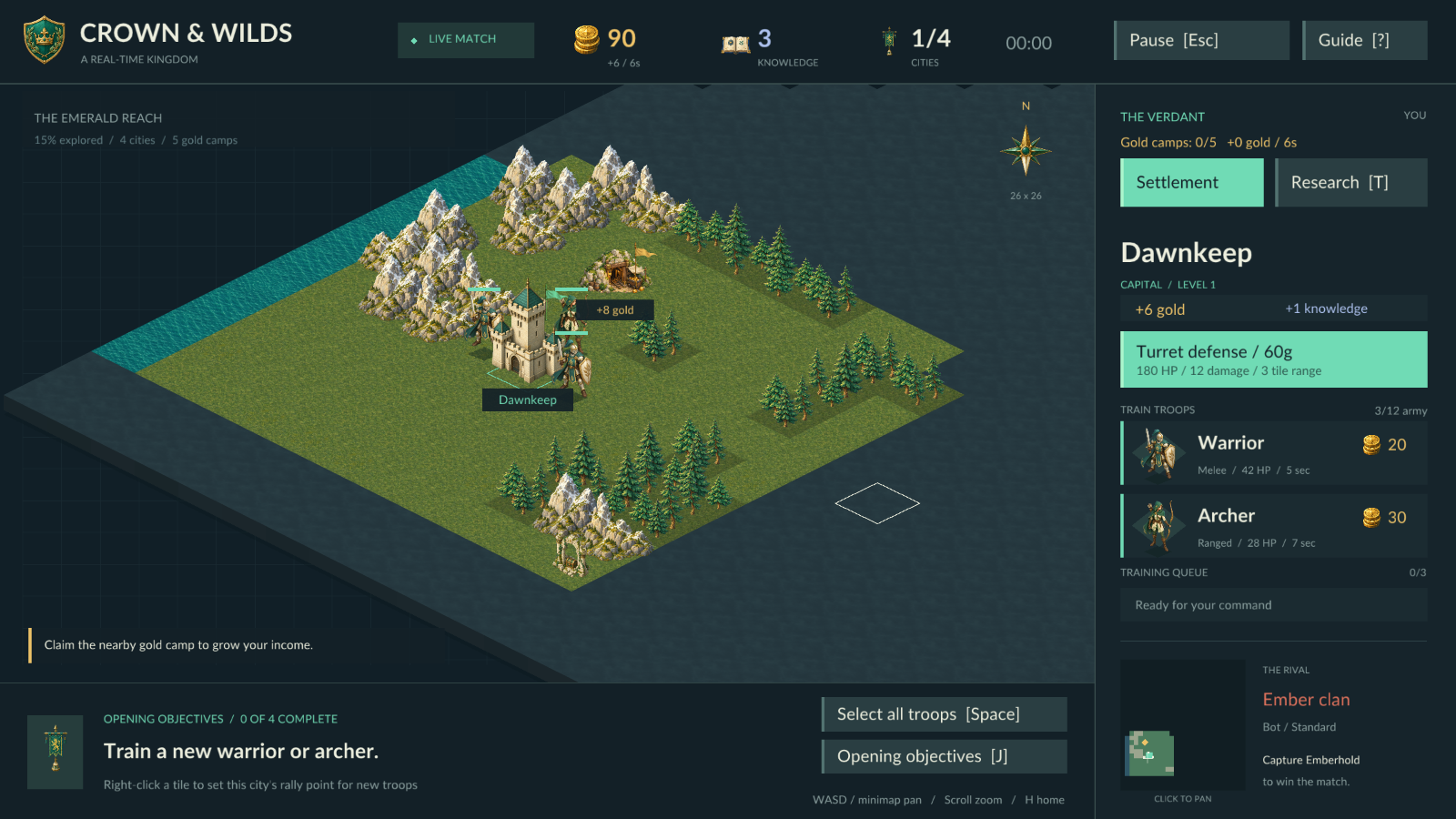 Dawnkeep, nearby gold camps and the troop training panel in live gameplay