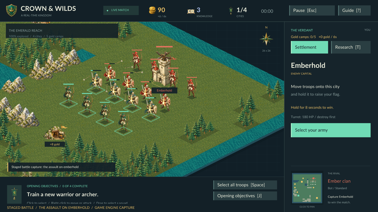 Staged assault on Emberhold with warriors, archers and the enemy city turret