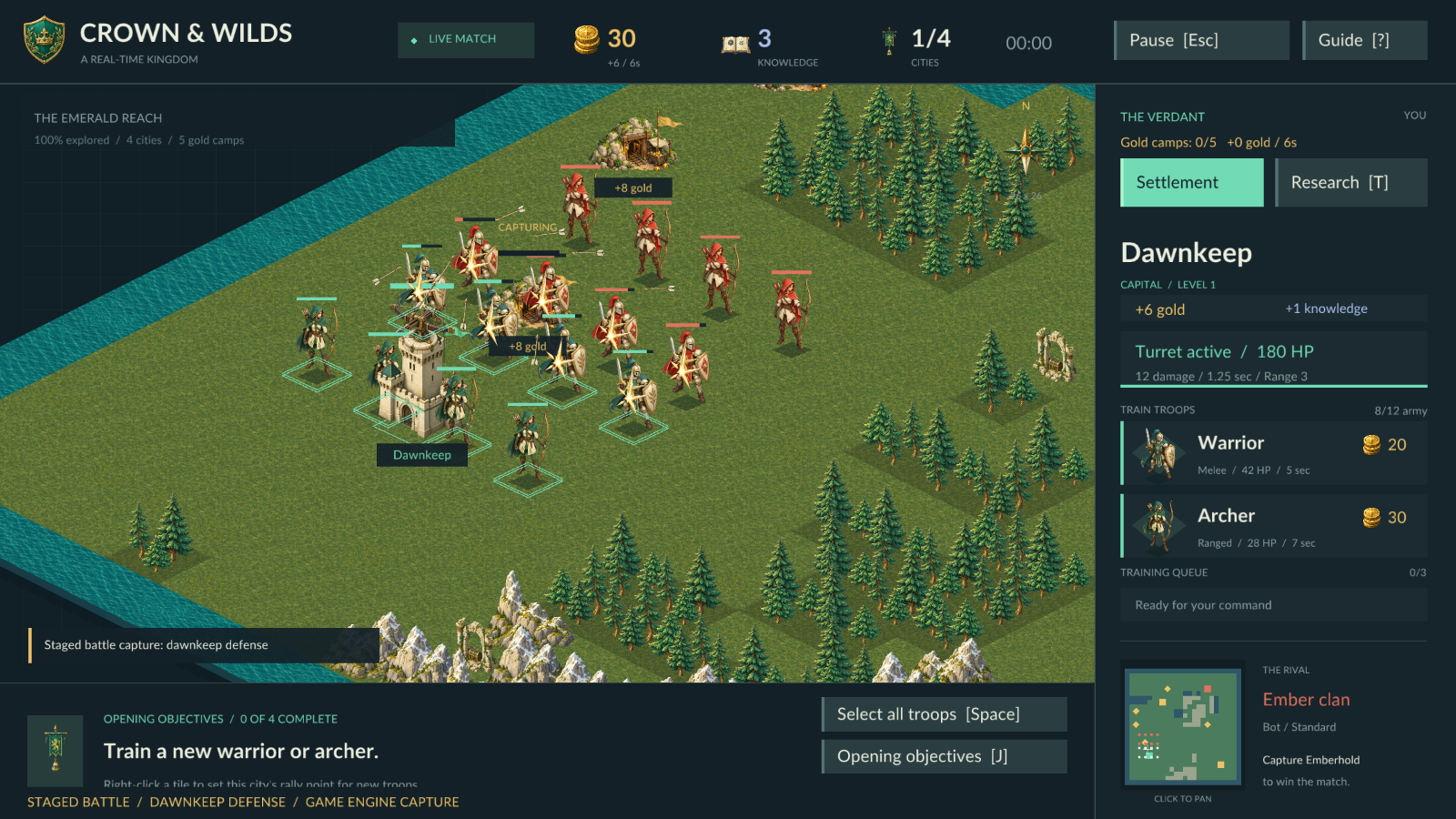 Staged engine capture of Verdant warriors and archers defending Dawnkeep from an Ember attack