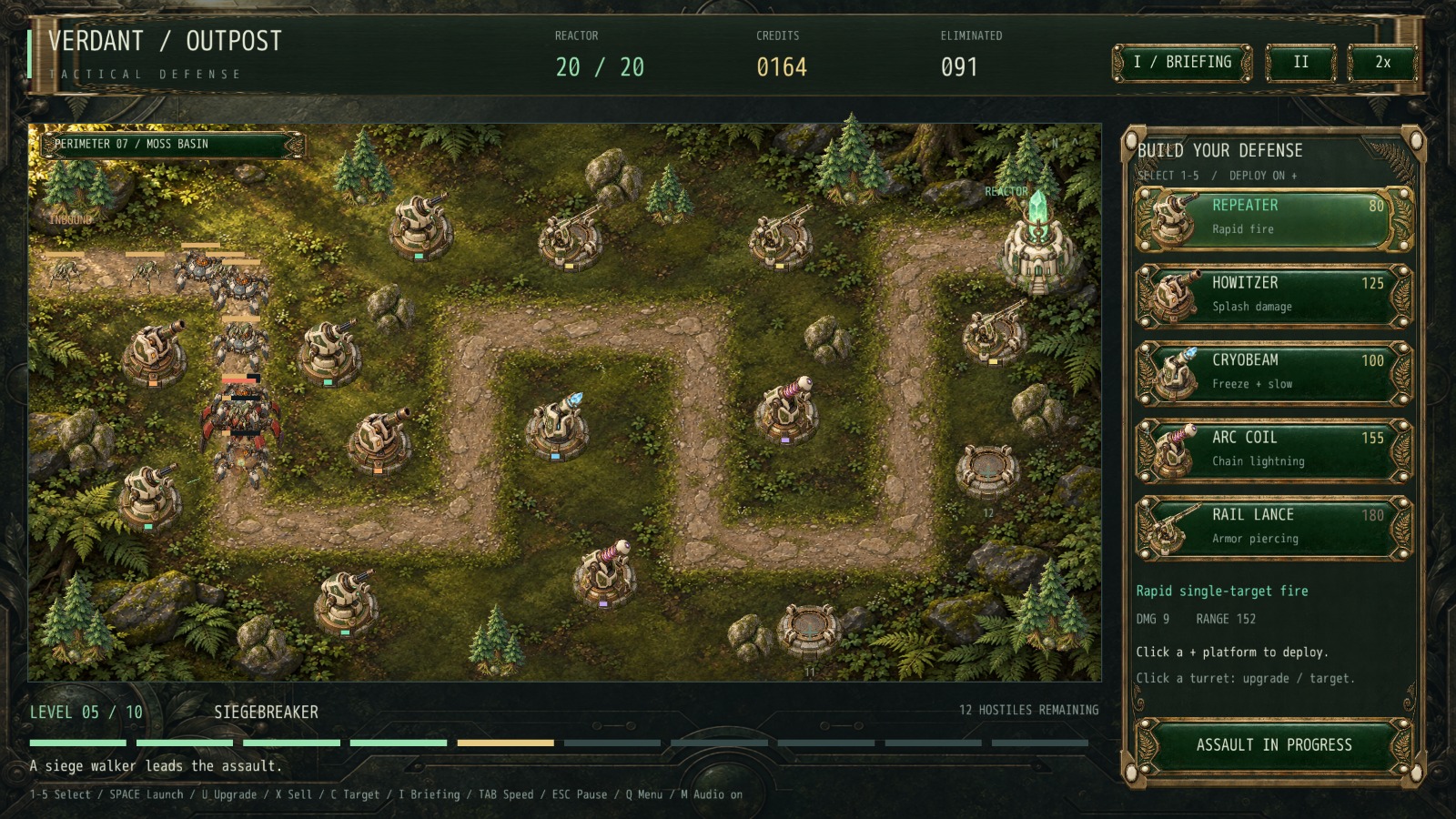 Siegebreaker combat with a mechanical siege walker approaching a developed turret defense