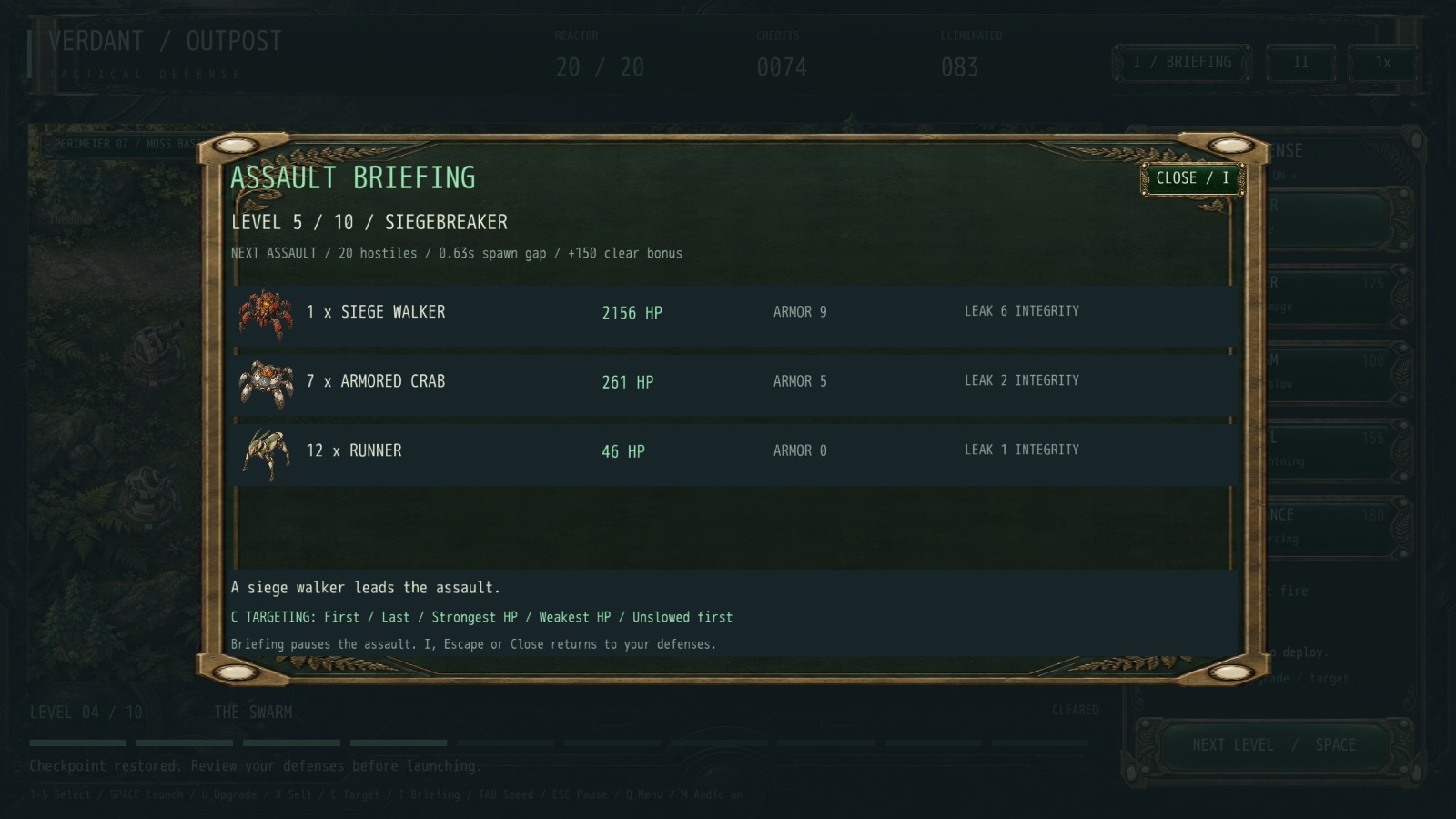 The Siegebreaker assault briefing listing the siege walker, armored crabs and runners