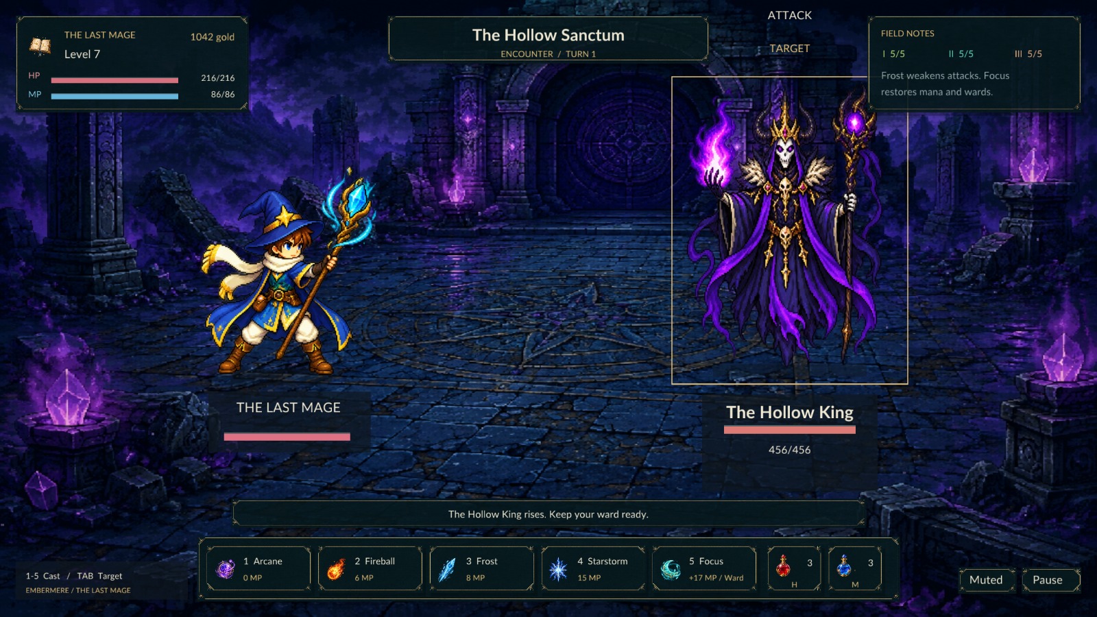 The mage confronting the Hollow King in the ruined violet sanctum