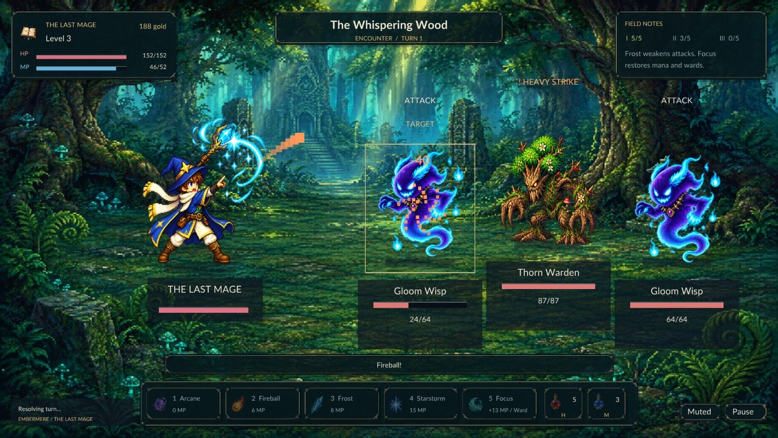 The mage casting Fireball during an actual battle in the Whispering Wood